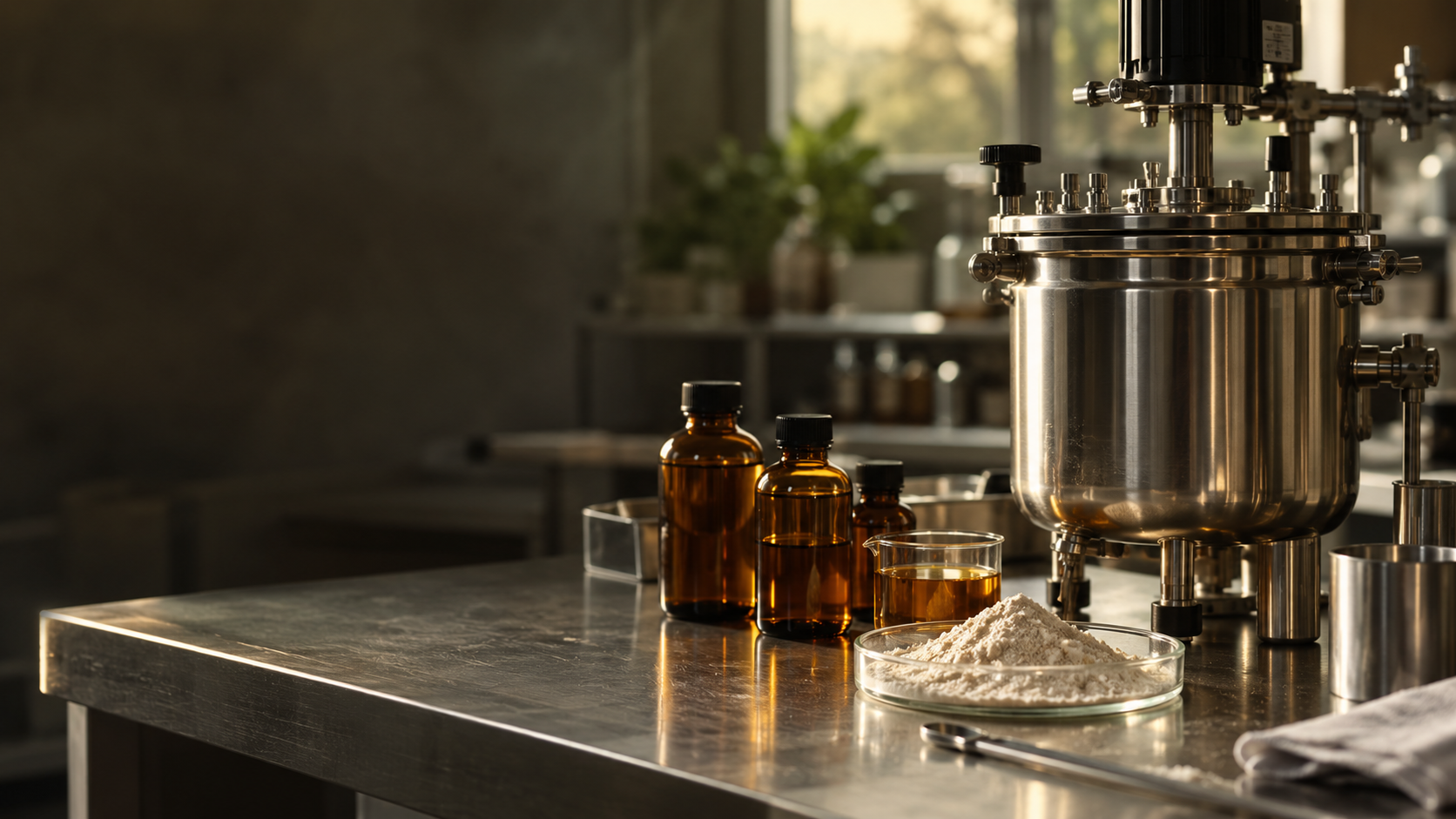 A real enzyme formulation bench with a stainless small mixing vessel, amber liquid sample bottles and a fine powder in a glass dish, warm olive light